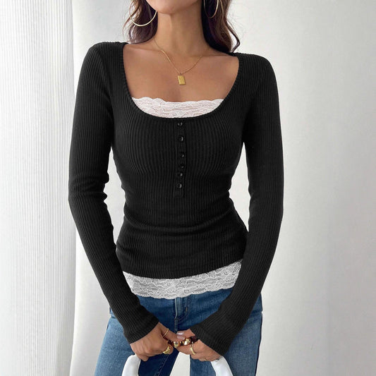 Women’s Lace Stitching Crew Neck Top – Elegant Casual Essential