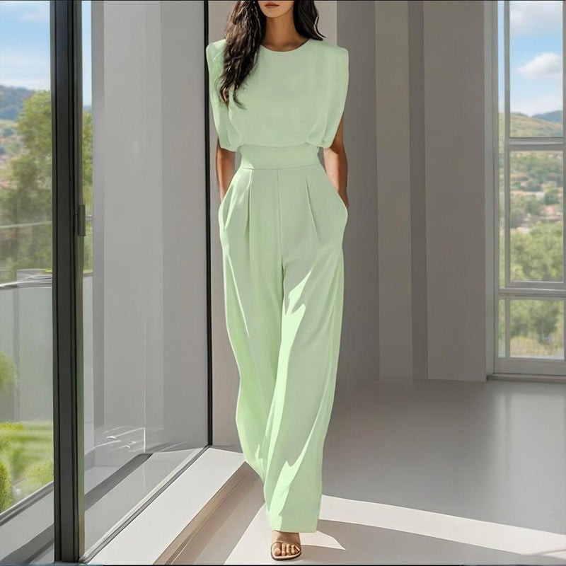 Women's Solid Color Round Neck Short Sleeve Wide-Leg Jumpsuit With Waist Design & Pockets Casual Romper For Spring&Summer - Sureru