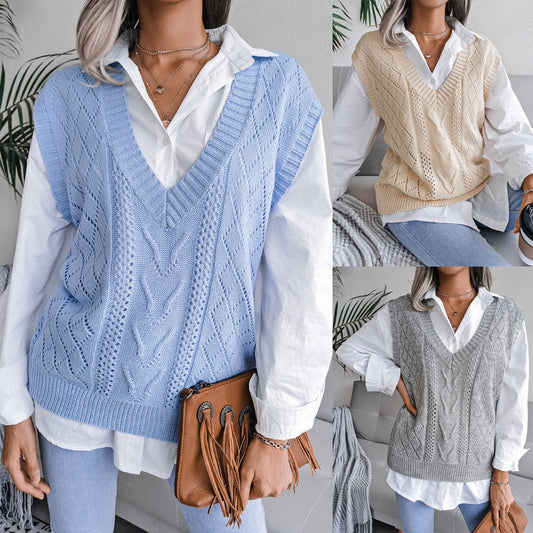 Women’s Hollowed-Out Twisted V-Neck Knitted Vest Sweater - Sureru