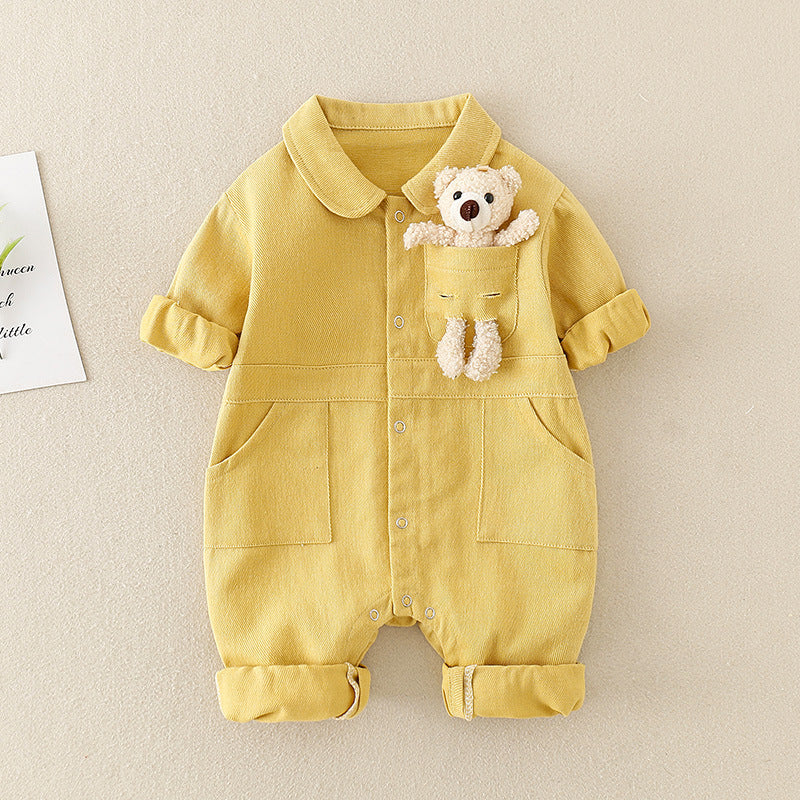 Unisex Denim Baby Romper with Teddy Bear – Long Sleeve Jumpsuit (0–2 Years) - Sureru