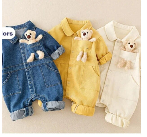 Unisex Denim Baby Romper with Teddy Bear – Long Sleeve Jumpsuit (0–2 Years) - Sureru