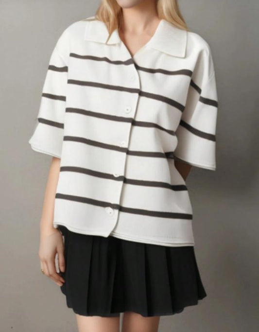 Women's 2025 Spring Summer Casual Fold-Down Short Sleeve Fashion Button Knitted Cardigan Sweater Navy Striped Sleeve Knitted Cardigan - Sureru
