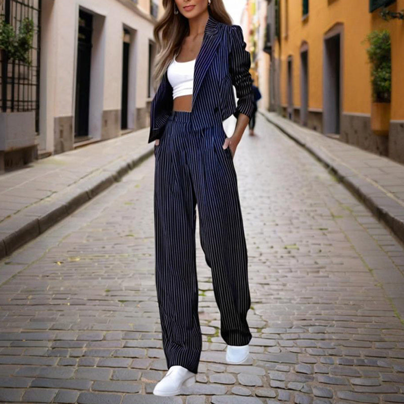 Women's Solid & Striped Long Sleeve Blazer Suit Set - Button-Up Cropped Top With Pleated Pants, Office Work Wear - Sureru