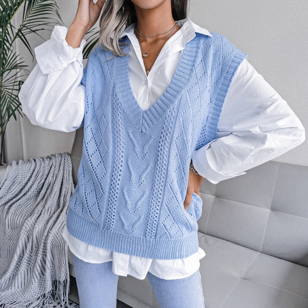 Women’s Hollowed-Out Twisted V-Neck Knitted Vest Sweater - Sureru