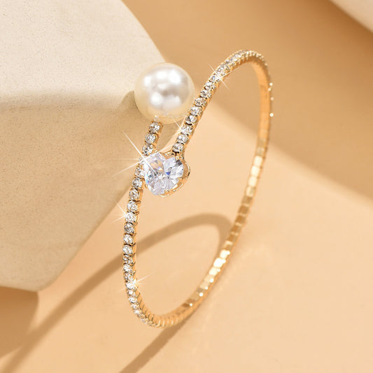 Women’s Pearl Heart Full Diamond Bracelet – Elastic Fit Jewelry - Sureru