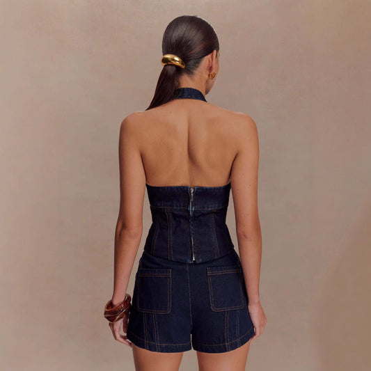 Halter Fashion Denim Suit Shorts – Trendy Streetwear Set - Sureru