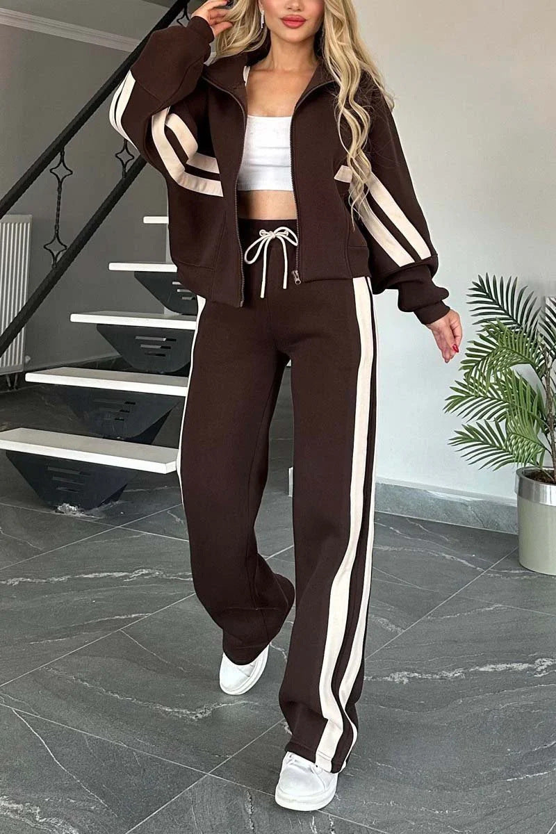 Y2K Striped Zip Top Jacket Casual Sportssuit Women - Sureru