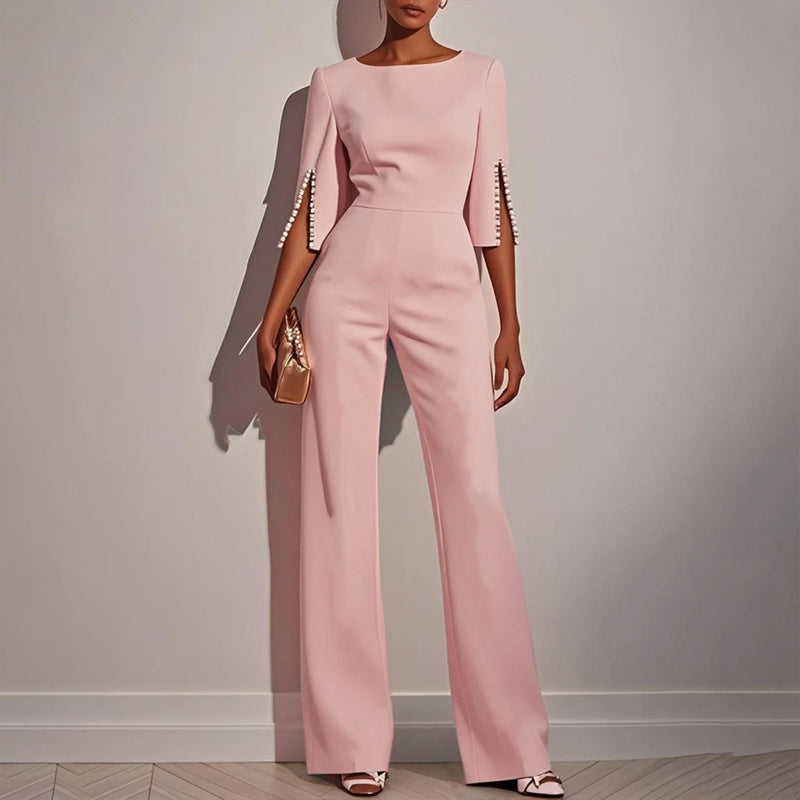 Women's Elegant Round Neck Jumpsuit - Mid-Sleeve With Side Slit Cuffs & Pearl Accents, Back Zipper Design For Casual To Formal Events - Sureru