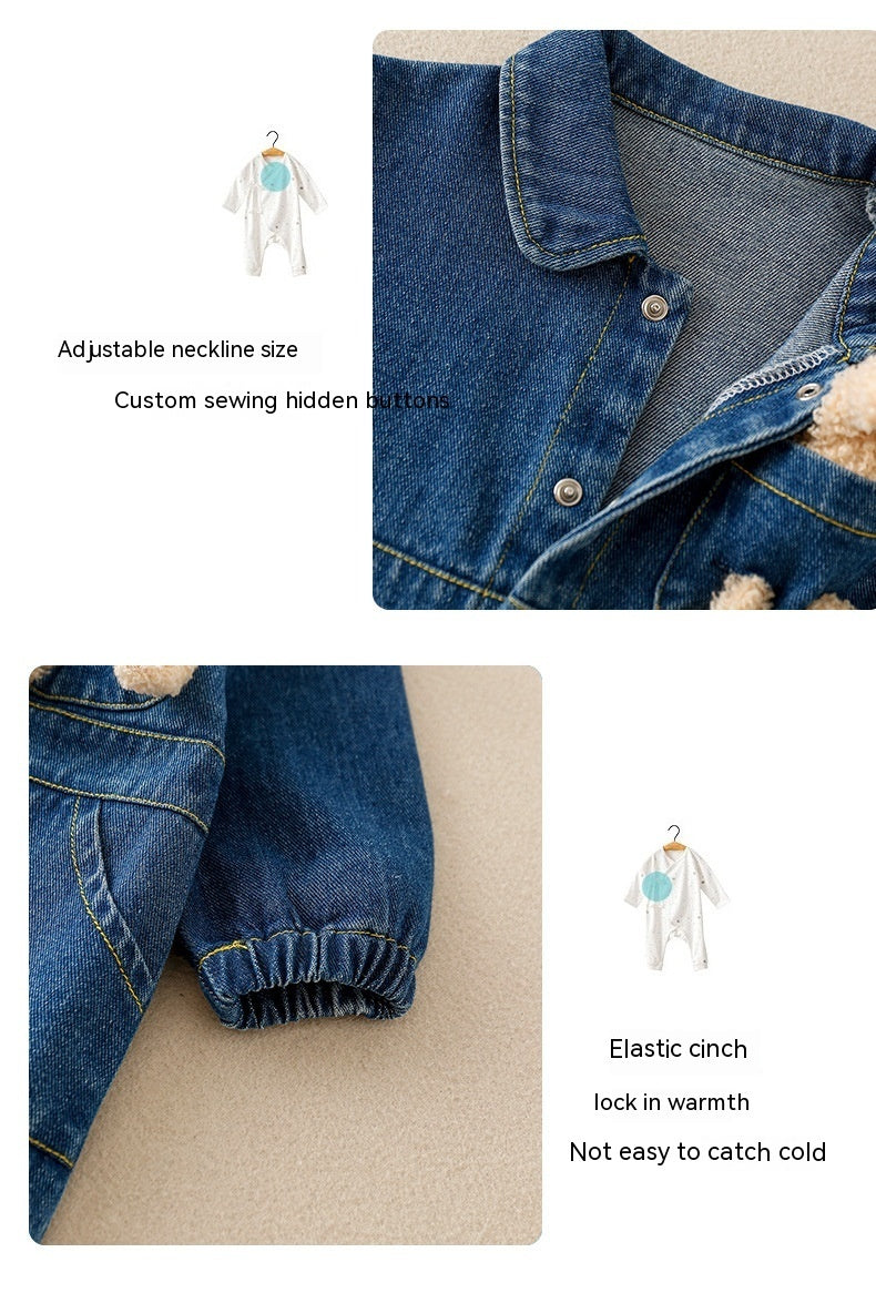Unisex Denim Baby Romper with Teddy Bear – Long Sleeve Jumpsuit (0–2 Years) - Sureru