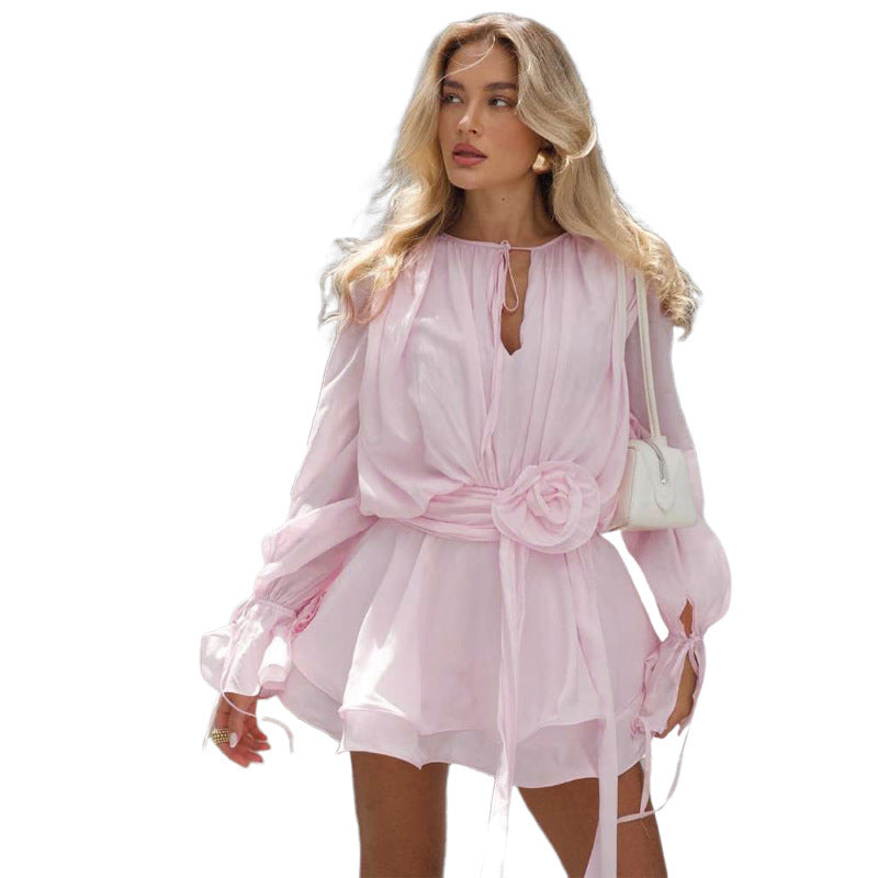 High-Waist Pullover Mini Dress with 3D Decoration - Sureru