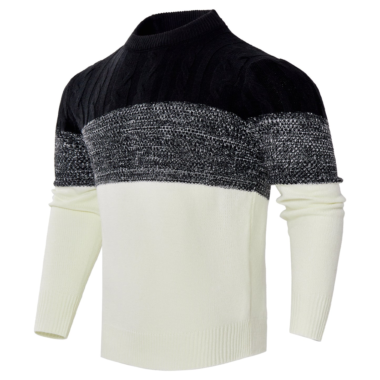 Men’s Colorblock Cable-Knit Pullover Sweater – Crew Neck Long Sleeve - Sureru