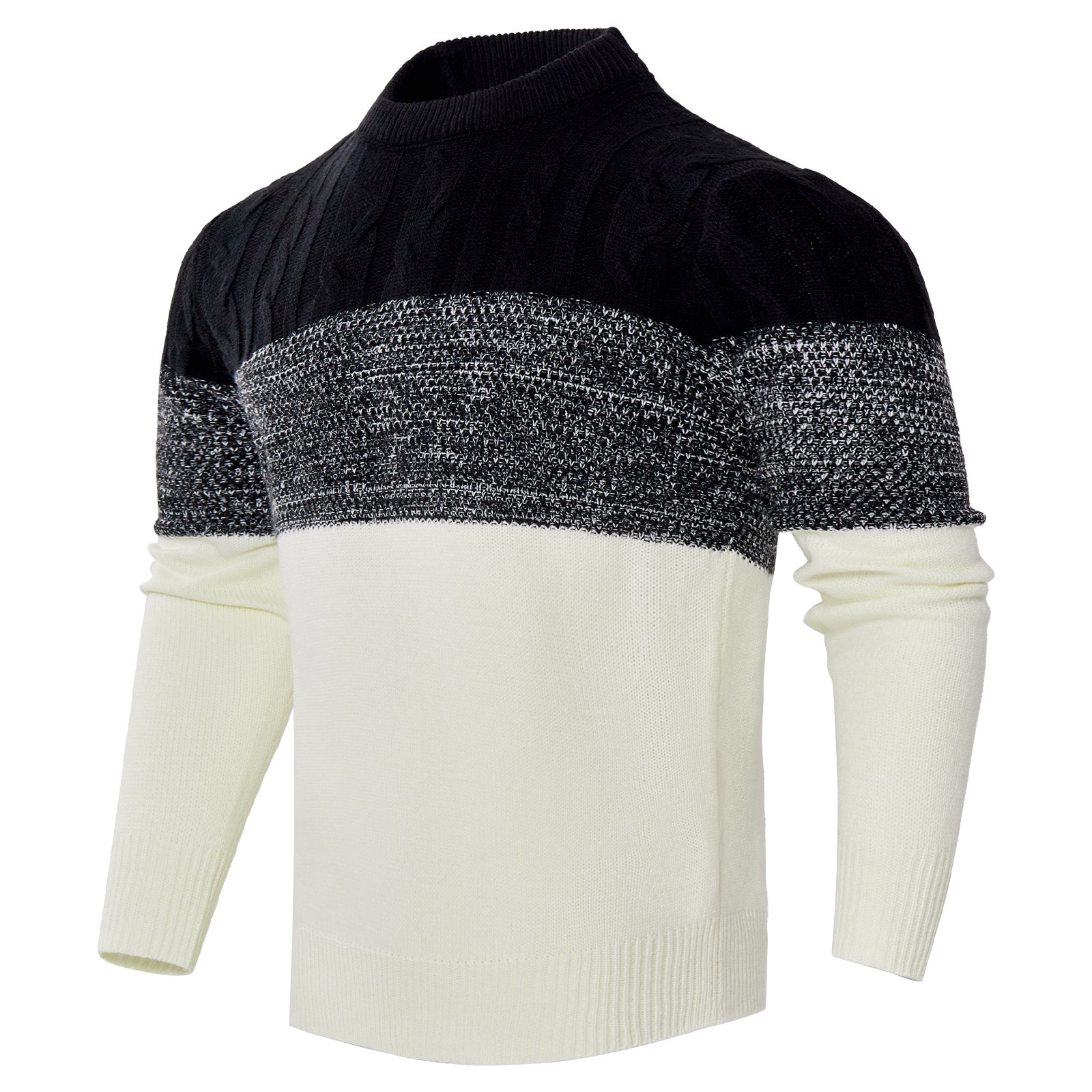 Men’s Colorblock Cable-Knit Pullover Sweater – Crew Neck Long Sleeve - Sureru