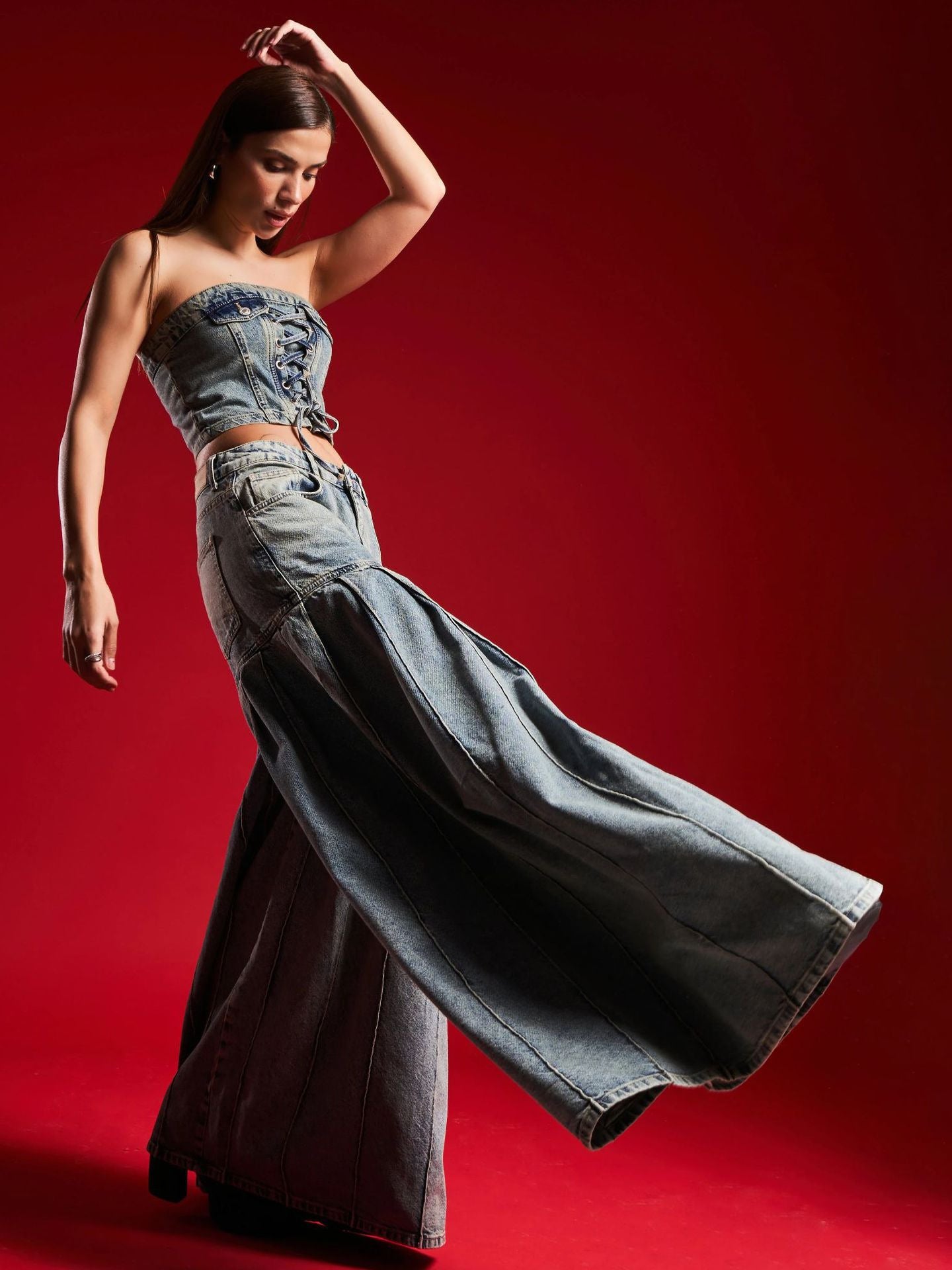 Sexy Pleated Denim 2-Piece Set (Top + Jeans) - Sureru