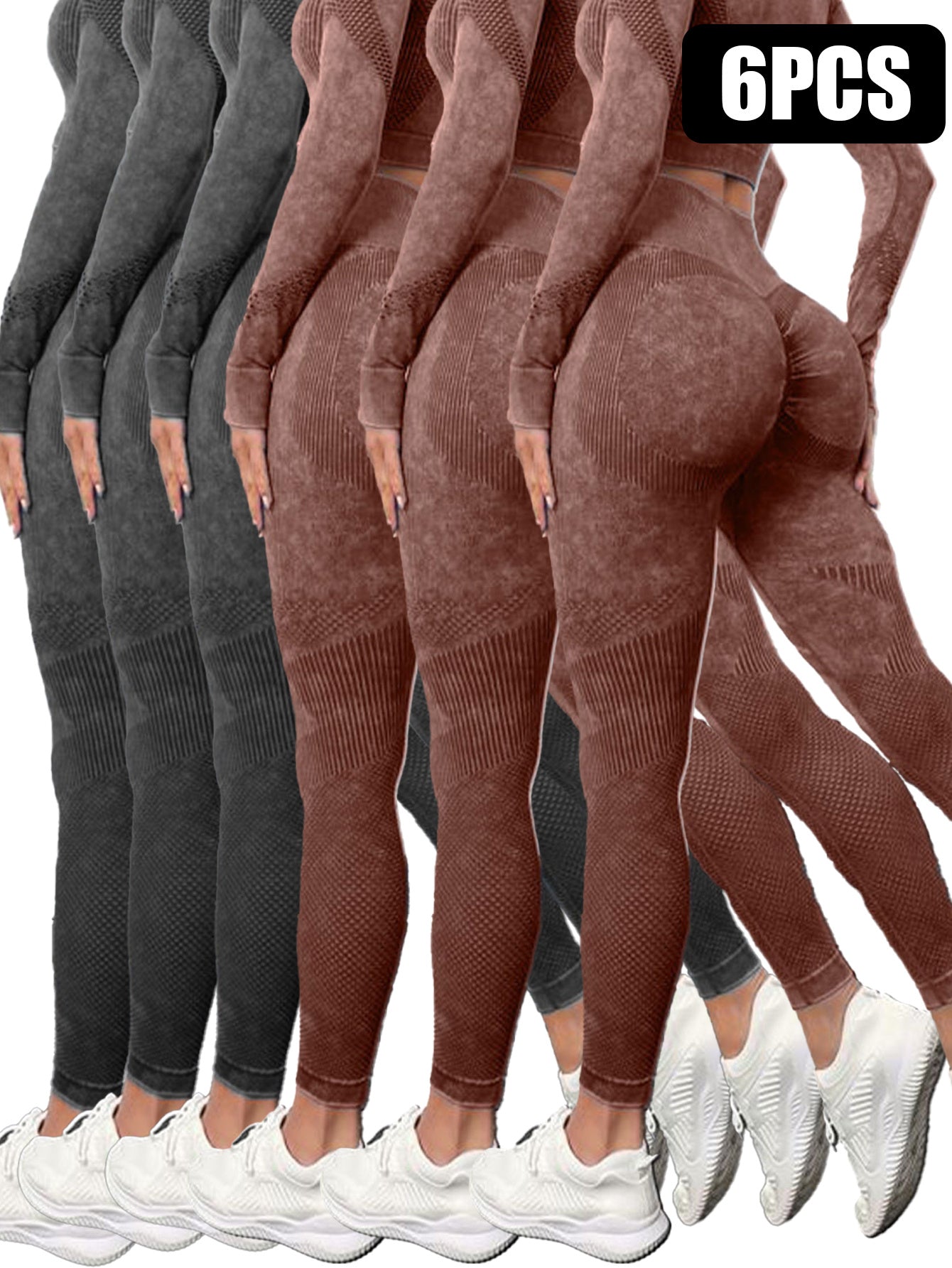 6 Pack Mesh Cut Out Leggings For Women Tights Breathable Workout Tummy Control Pants - Sureru