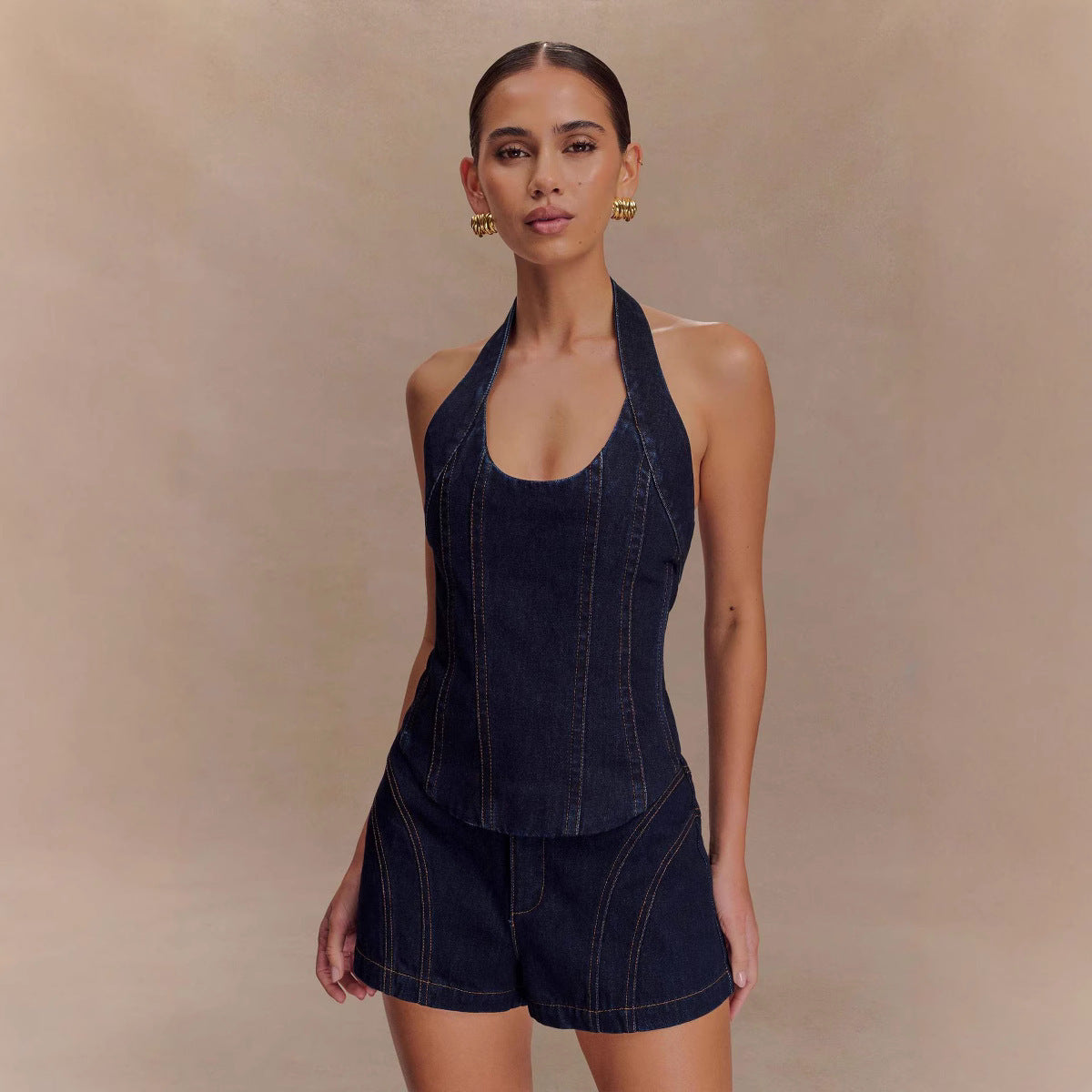 Halter Fashion Denim Suit Shorts – Trendy Streetwear Set - Sureru