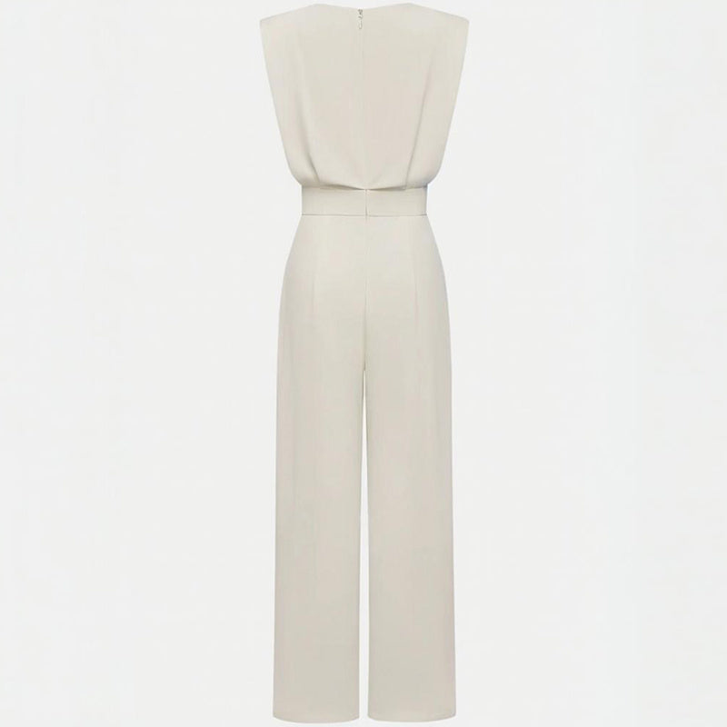 Women's Solid Color Round Neck Short Sleeve Wide-Leg Jumpsuit With Waist Design & Pockets Casual Romper For Spring&Summer - Sureru