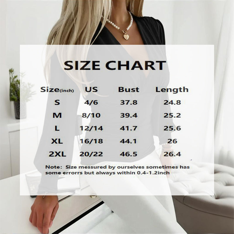 Women's Elegant Solid Color Deep V-Neck Long Sleeve Top With Draped Detail - Casual Pullover Blouse For Spring&Fall - Sureru