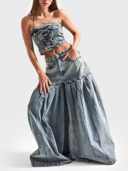 Sexy Pleated Denim 2-Piece Set (Top + Jeans) - Sureru