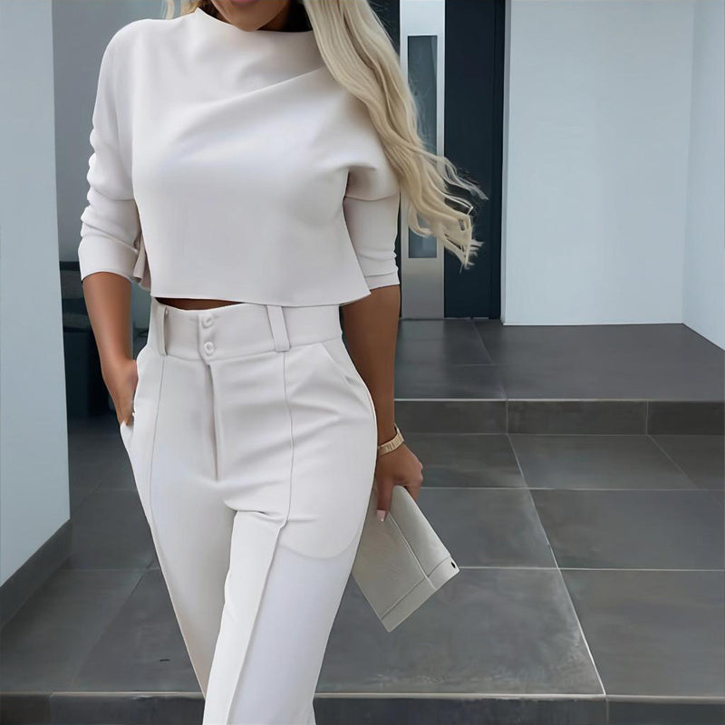 Women's Elegant Solid Color Half Sleeve Short Top With Straight Leg Pants Two-Piece Office Wear Suit With Pockets - Sureru