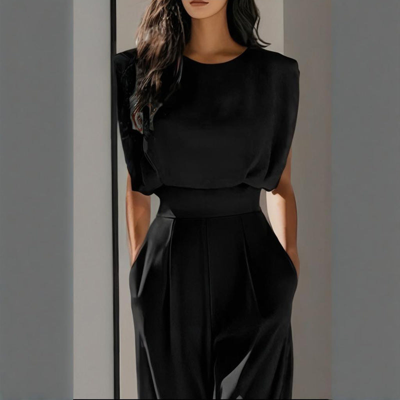 Women's Solid Color Round Neck Short Sleeve Wide-Leg Jumpsuit With Waist Design & Pockets Casual Romper For Spring&Summer - Sureru