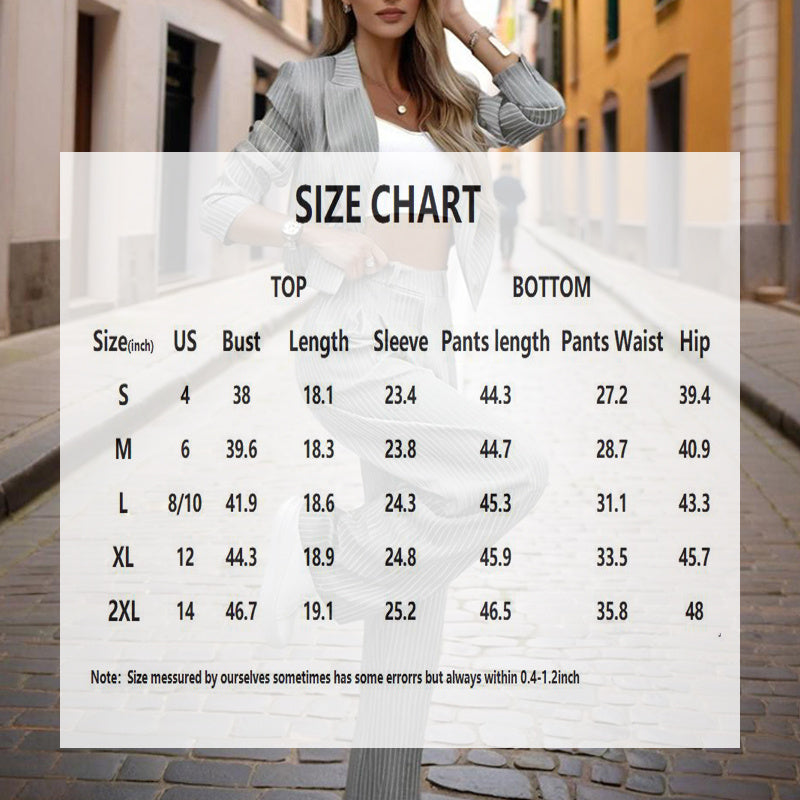 Women's Solid & Striped Long Sleeve Blazer Suit Set - Button-Up Cropped Top With Pleated Pants, Office Work Wear - Sureru