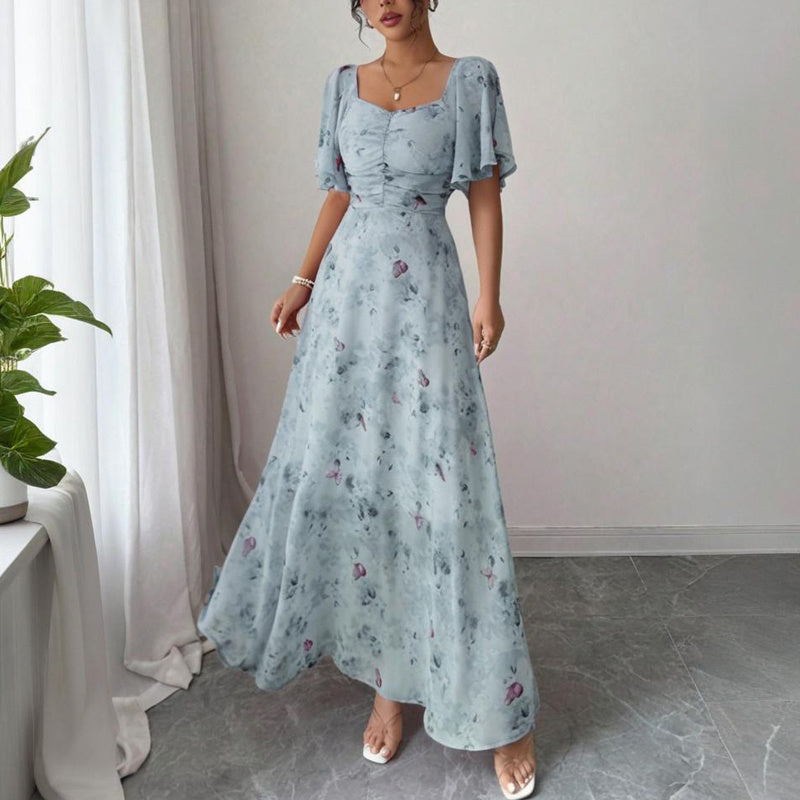 Women's Solid Color Square Neck Short Sleeve Butterfly Print Flowy Dress A-Line Summer Vacation Maxi Dress - Sureru