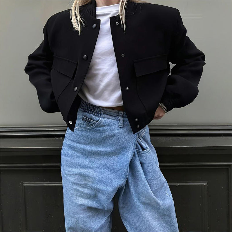 Women's Solid Color Long Sleeve Baseball Jacket With Button Front & Pockets - Casual Short Jacket For Spring&Fall - Sureru