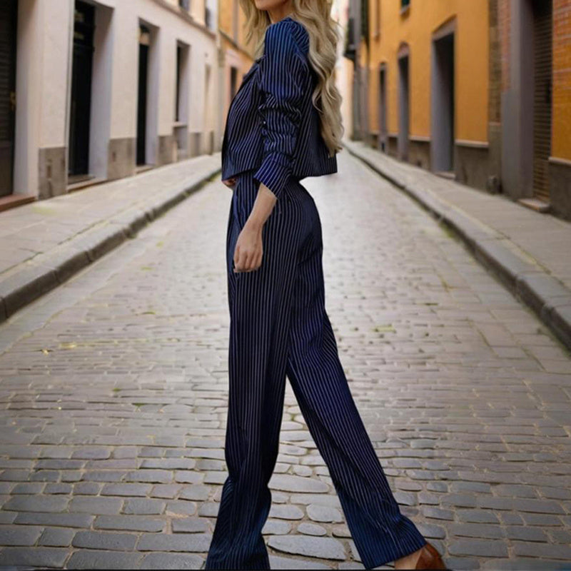 Women's Solid & Striped Long Sleeve Blazer Suit Set - Button-Up Cropped Top With Pleated Pants, Office Work Wear - Sureru
