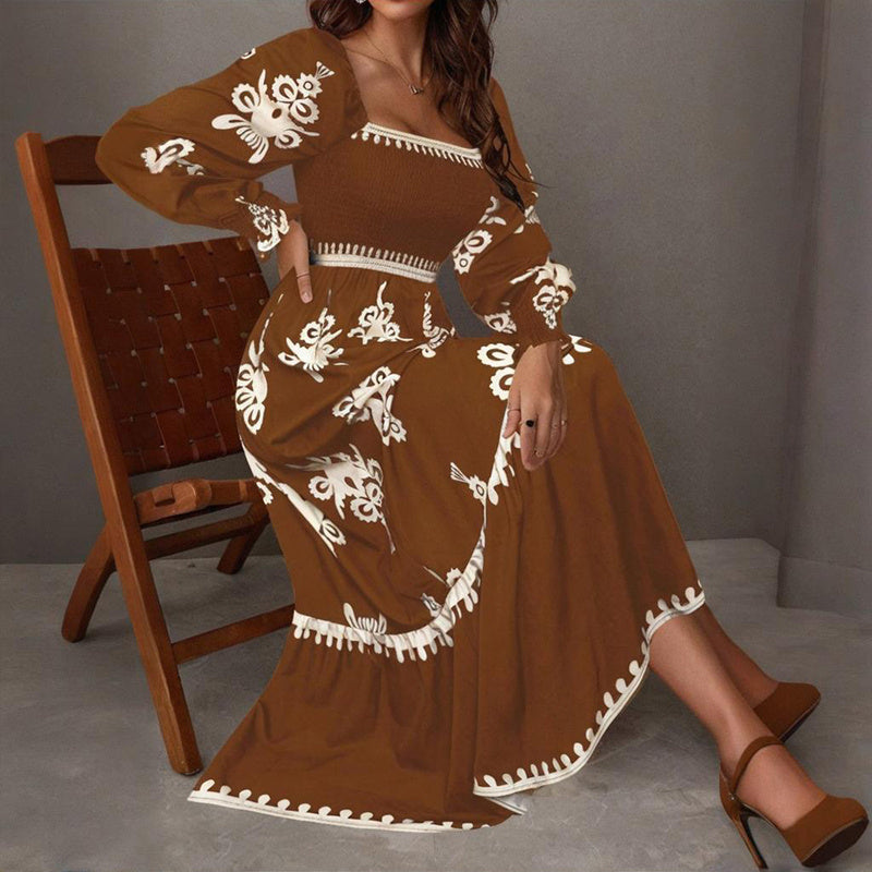 Elegant Women's Retro Geometric Print Lantern Sleeve Dress - Square Neck A-Line With Elastic Cuffs, Casual & Formal Dress - Sureru