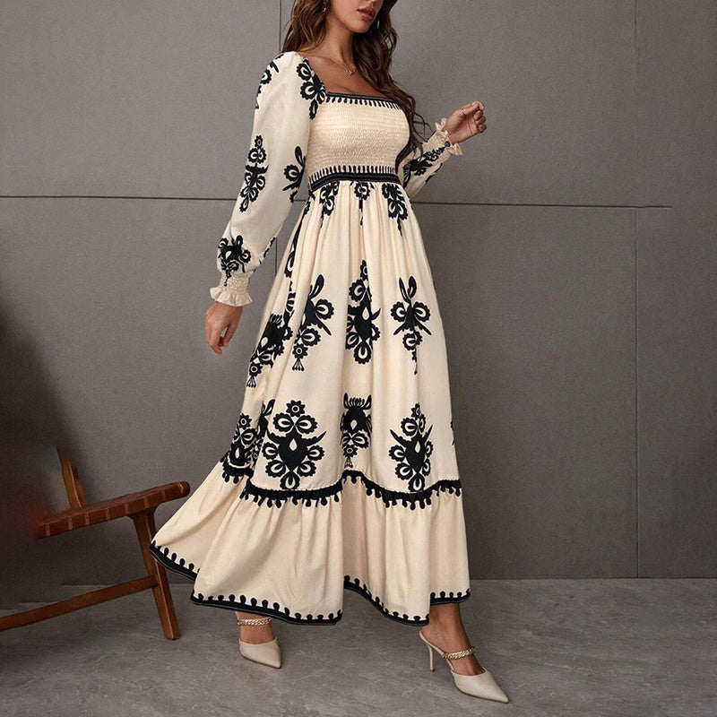 Elegant Women's Retro Geometric Print Lantern Sleeve Dress - Square Neck A-Line With Elastic Cuffs, Casual & Formal Dress - Sureru