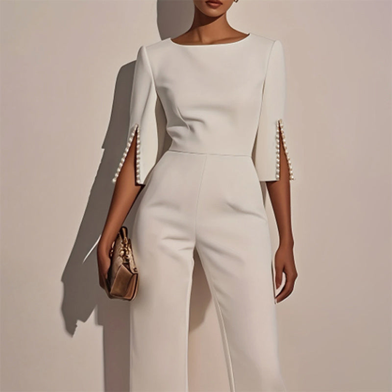 Women's Elegant Round Neck Jumpsuit - Mid-Sleeve With Side Slit Cuffs & Pearl Accents, Back Zipper Design For Casual To Formal Events - Sureru