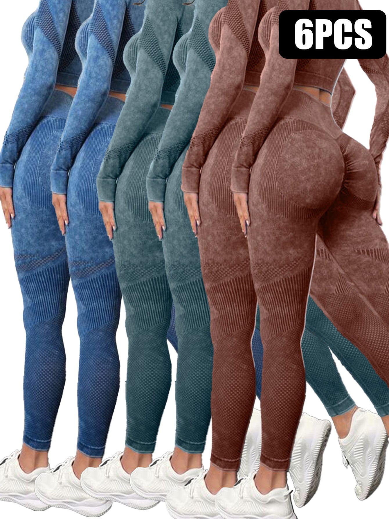 6 Pack Mesh Cut Out Leggings For Women Tights Breathable Workout Tummy Control Pants - Sureru