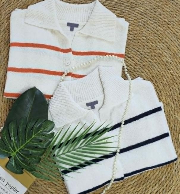 Women's 2025 Spring Summer Casual Fold-Down Short Sleeve Fashion Button Knitted Cardigan Sweater Navy Striped Sleeve Knitted Cardigan - Sureru