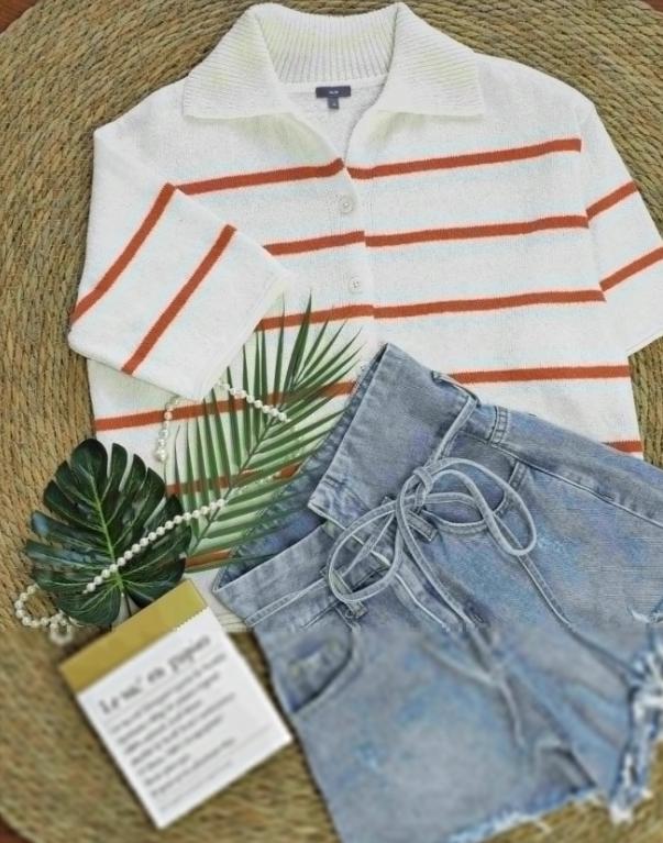 Women's 2025 Spring Summer Casual Fold-Down Short Sleeve Fashion Button Knitted Cardigan Sweater Navy Striped Sleeve Knitted Cardigan - Sureru