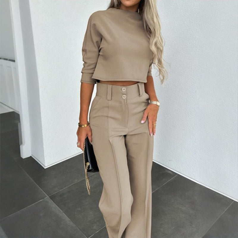 Women's Elegant Solid Color Half Sleeve Short Top With Straight Leg Pants Two-Piece Office Wear Suit With Pockets - Sureru