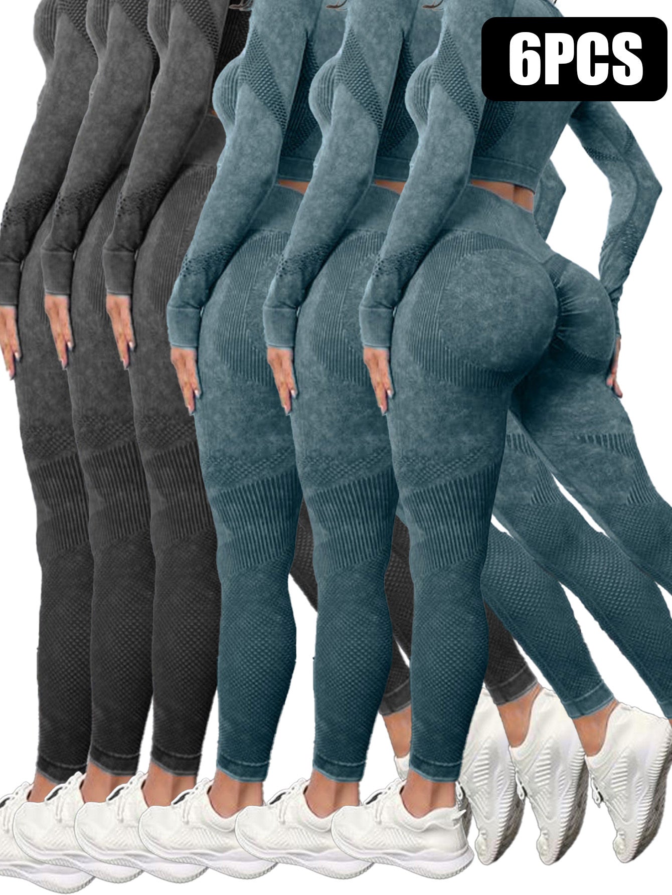 6 Pack Mesh Cut Out Leggings For Women Tights Breathable Workout Tummy Control Pants - Sureru