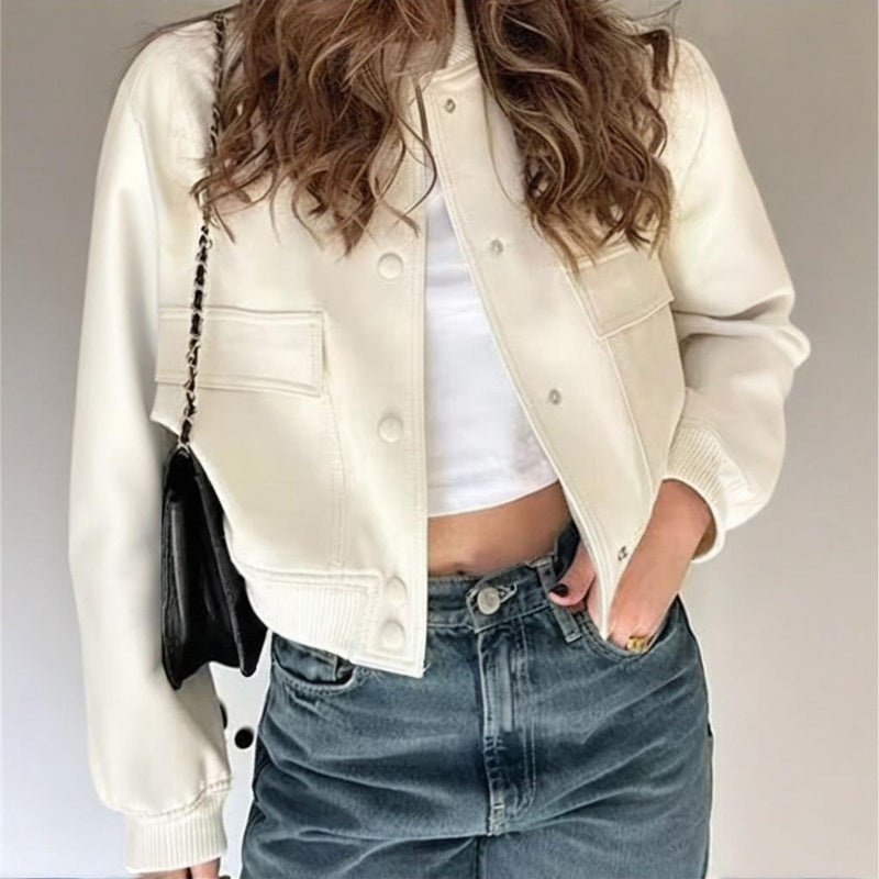 Women's Solid Color Long Sleeve Baseball Jacket With Button Front & Pockets - Casual Short Jacket For Spring&Fall - Sureru