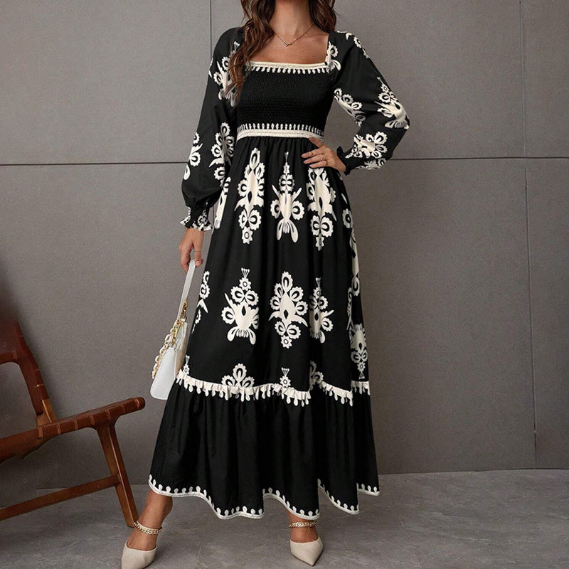 Elegant Women's Retro Geometric Print Lantern Sleeve Dress - Square Neck A-Line With Elastic Cuffs, Casual & Formal Dress - Sureru