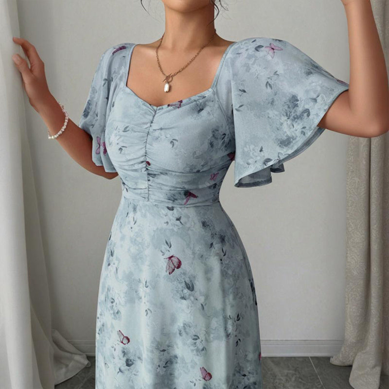 Women's Solid Color Square Neck Short Sleeve Butterfly Print Flowy Dress A-Line Summer Vacation Maxi Dress - Sureru
