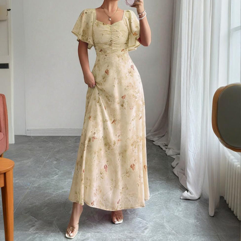 Women's Solid Color Square Neck Short Sleeve Butterfly Print Flowy Dress A-Line Summer Vacation Maxi Dress - Sureru