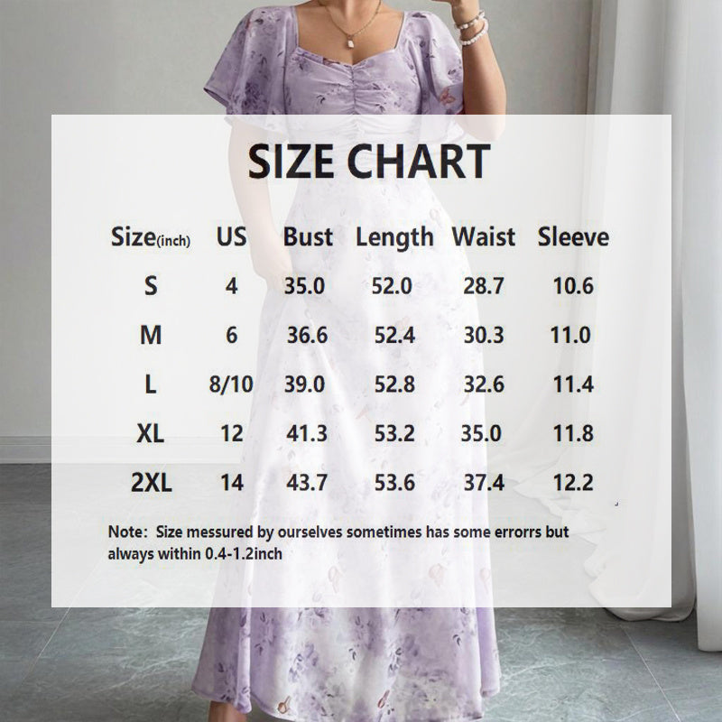 Women's Solid Color Square Neck Short Sleeve Butterfly Print Flowy Dress A-Line Summer Vacation Maxi Dress - Sureru