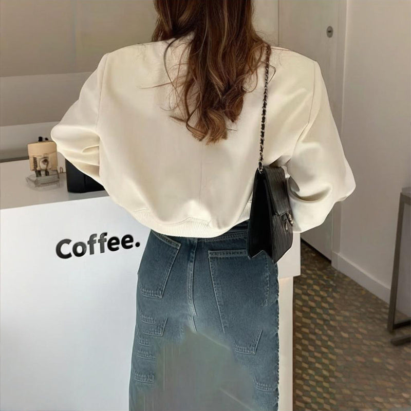 Women's Solid Color Long Sleeve Baseball Jacket With Button Front & Pockets - Casual Short Jacket For Spring&Fall - Sureru