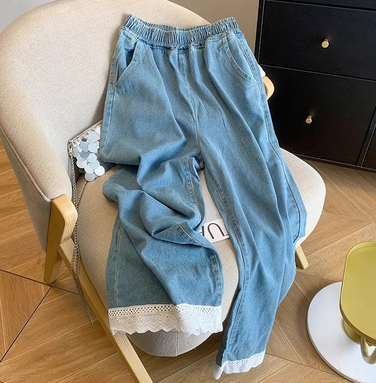 Sweet Style Lace Spliced Hollow Denim Pants – Elastic Waist, Nine-Point Fit - Sureru