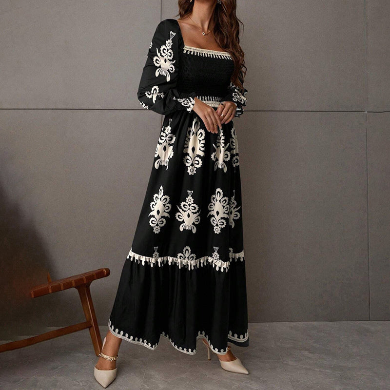 Elegant Women's Retro Geometric Print Lantern Sleeve Dress - Square Neck A-Line With Elastic Cuffs, Casual & Formal Dress - Sureru