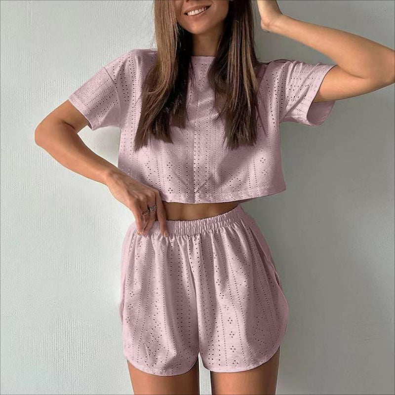 ☀️ 2-Piece Casual Hollow Summer Set – Crop Top & Slit Shorts - Sureru