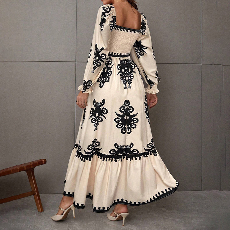 Elegant Women's Retro Geometric Print Lantern Sleeve Dress - Square Neck A-Line With Elastic Cuffs, Casual & Formal Dress - Sureru