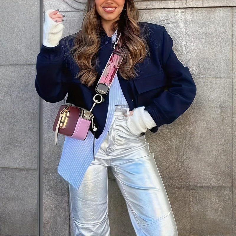 Women's Solid Color Long Sleeve Baseball Jacket With Button Front & Pockets - Casual Short Jacket For Spring&Fall - Sureru