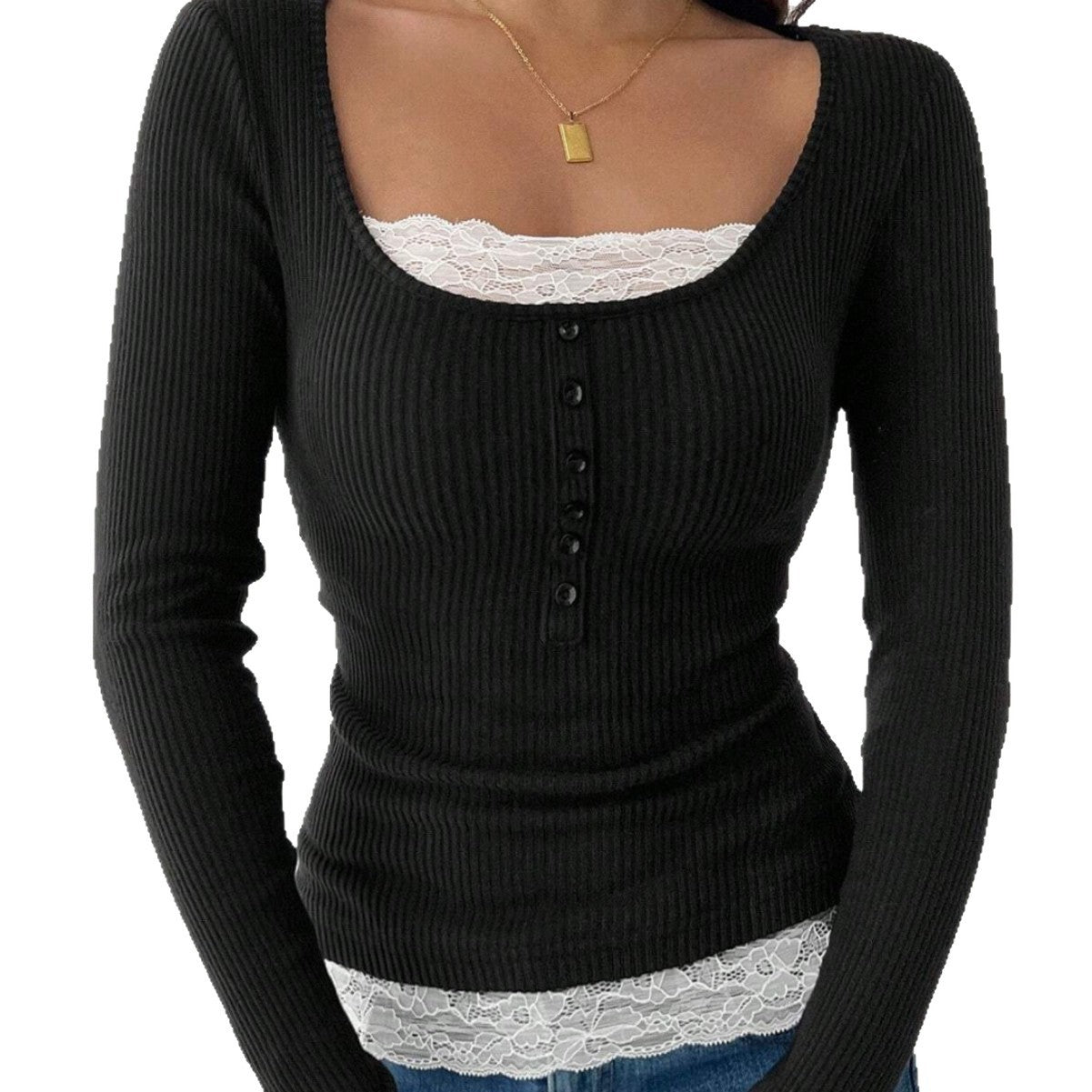 Women’s Lace Stitching Crew Neck Top – Elegant Casual Essential
