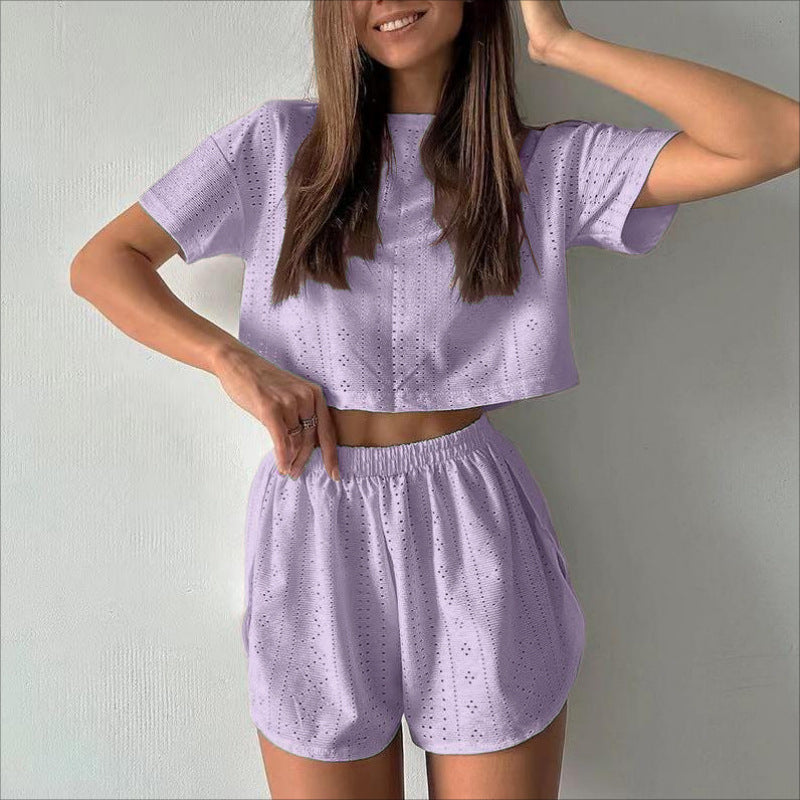 ☀️ 2-Piece Casual Hollow Summer Set – Crop Top & Slit Shorts - Sureru