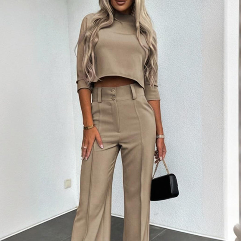 Women's Elegant Solid Color Half Sleeve Short Top With Straight Leg Pants Two-Piece Office Wear Suit With Pockets - Sureru